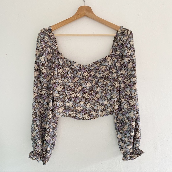 Astr Tops - ASTR Brown Peach Floral Print Long Sleeve Corset Top Size S NWT